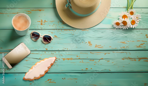 Flat lay style of breakfast elements over seafoam green rusty wooden background, AI generated photo