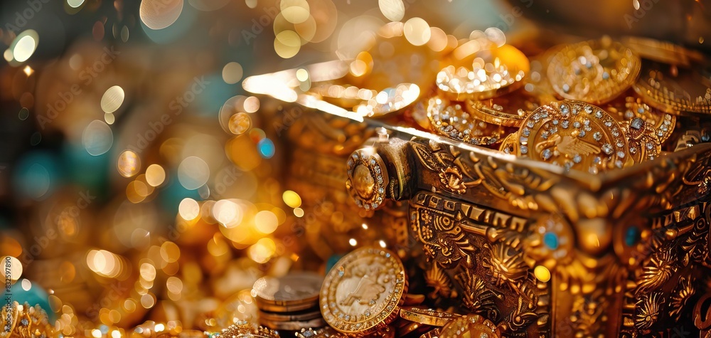 Closeup of a treasure chest filled with gold coins and jewels, 3D render Closeup of a treasure chest filled with gold coins and jewels, 3D render