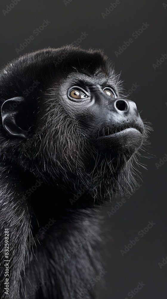 A black howler monkey gazing upwards at the sky A black howler monkey gazing upwards at the sky