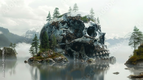 A dead-skull island with fir forest.