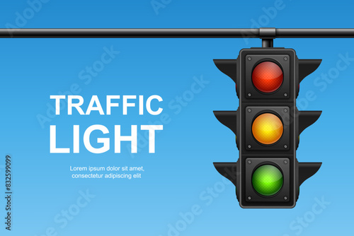 Vector Realistic Hanging Traffic Signal with Green, Yellow and Red Light. Traffic Light on Blue Sky Background