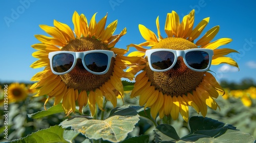 Sunflowers in sunglasses on blue sky backdrop, hello summer concept with vibrant summer background