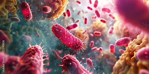 Microbial Invasion: Close-up view of bacterial colonies infiltrating human tissue cells, depicting a microscopic battle