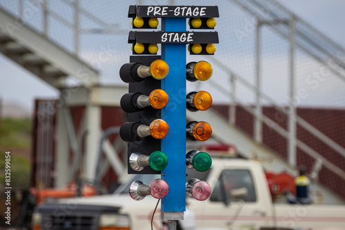 Drag strip lights, starting light, christmas tree, racing lights starting line photo