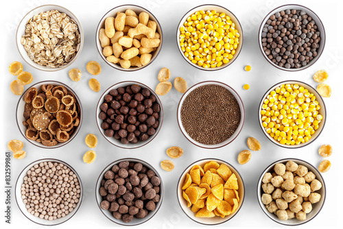 An assortment of twelve bowls filled with various types of cereals and grains, neatly arranged