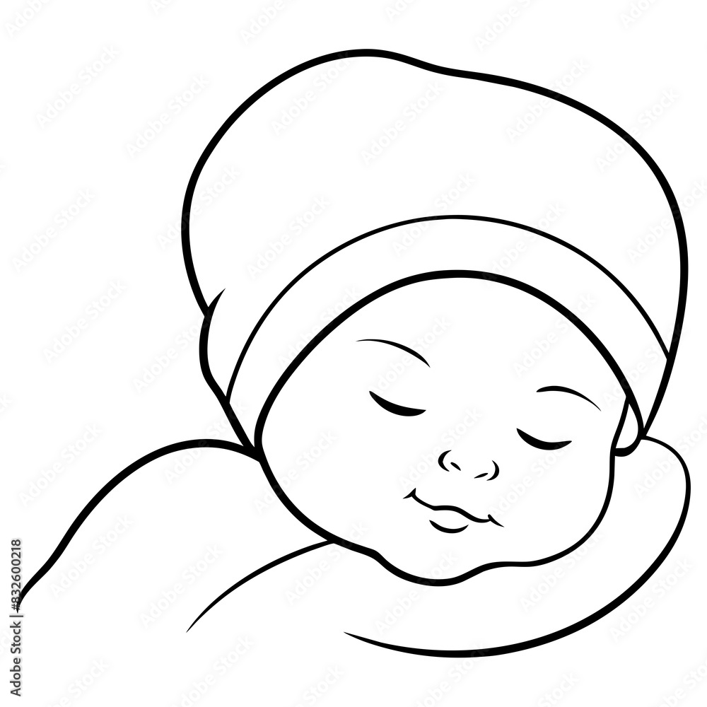A baby wearing a bathing scap is sleeping on the bed, with a close-up of her face.