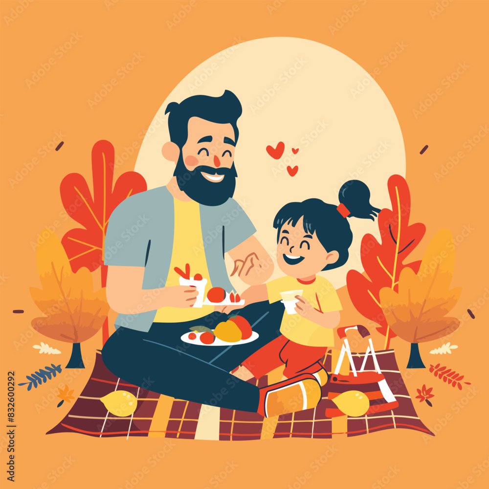 A flat vector illustration of a jubilant father and child enjoying a picnic for Father's Day A flat vector illustration of a jubilant father and child enjoying a picnic for Father's Day
