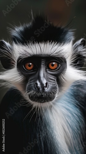 Black and white Colobus monkey with vibrant orange eyes in focus © Leli