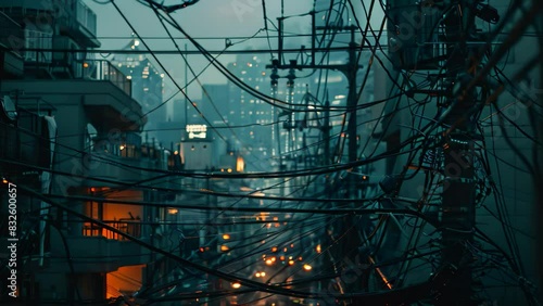 Wallpaper Mural City street crowded with multiple power lines and cables creating a complex network above the buildings, A network of electrical wires and cables connecting a bustling metropolis Torontodigital.ca