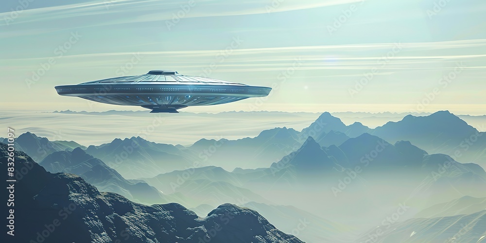 Fototapeta premium UFO hovers over misty mountains during sunrise.