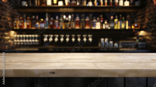 Countertop made of wood with a blur bar in the background. Wooden table top with drinks. Blank mockup for product presentation. © Caterpillar
