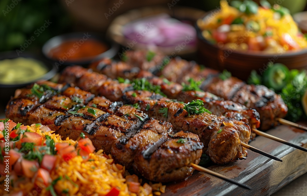 A variety of Mexican street food with smoky meat skewers and traditional burgers, elegantly presented for social events A variety of Mexican street food with smoky meat skewers and traditional burgers, elegantly presented for social events