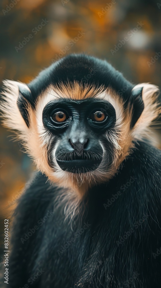 Close up of a gibbon monkey making eye contact with the camera Close up of a gibbon monkey making eye contact with the camera