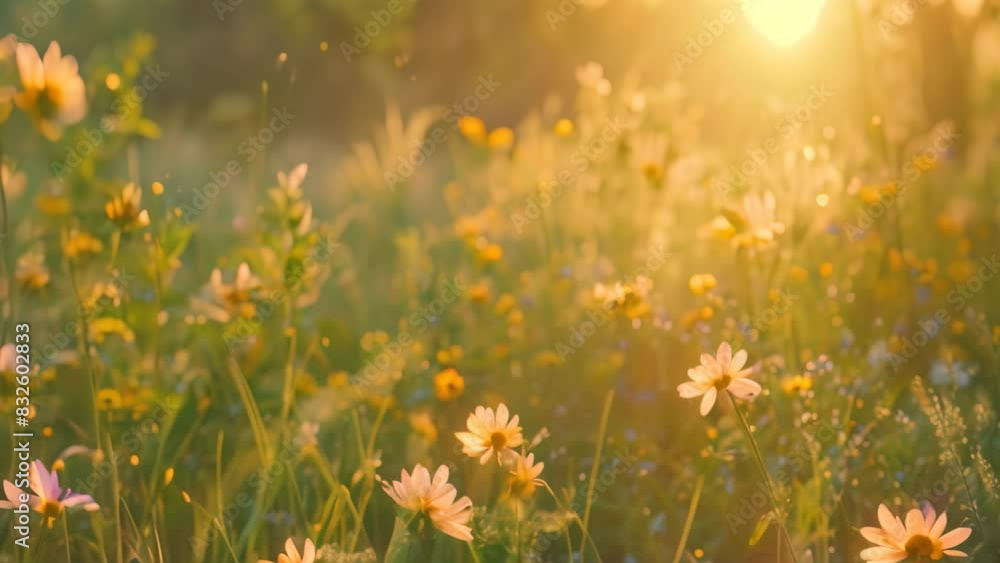 Field filled with vibrant yellow and blue flowers under soft light, A peaceful meadow bathed in the soft light of a setting sun Field filled with vibrant yellow and blue flowers under soft light, A peaceful meadow bathed in the soft light of a setting sun