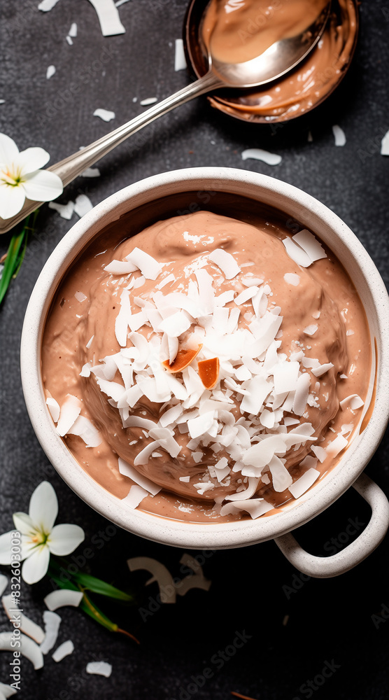 overhead shot of beige icecream with chocolate sauce and coconut flakes in a grey pot overhead shot of beige icecream with chocolate sauce and coconut flakes in a grey pot