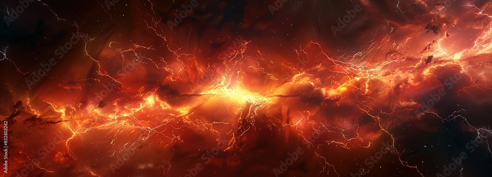 Electric Fury: Intense Red and Orange Lightning Strikes in Stormy Sky Electric Fury: Intense Red and Orange Lightning Strikes in Stormy Sky