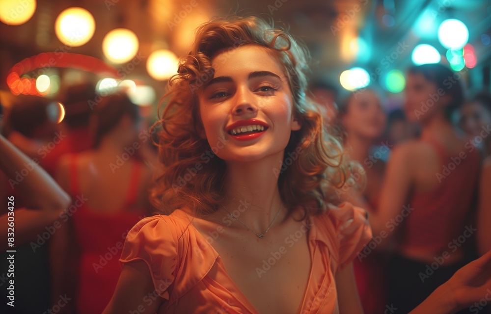 Gen Z Dancers Grooving at Retro Party, Sporting Classic Fashion in Nostalgic Atmosphere Gen Z Dancers Grooving at Retro Party, Sporting Classic Fashion in Nostalgic Atmosphere