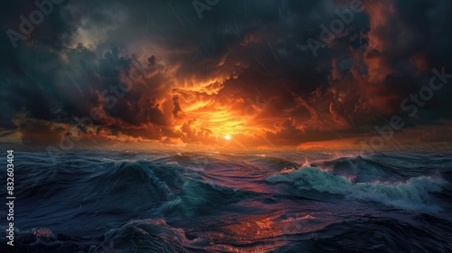 Scenic sunset over the ocean with dark clouds