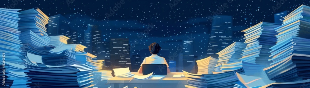 Navigating the paper maze A person working late at night, surrounded by piles of documents, in a scene that captures the intensity of meeting critical deadlines Navigating the paper maze A person working late at night, surrounded by piles of documents, in a scene that captures the intensity of meeting critical deadlines