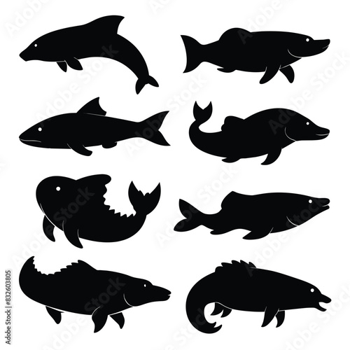 Set of Bowfin animal black silhouettes vector on white background