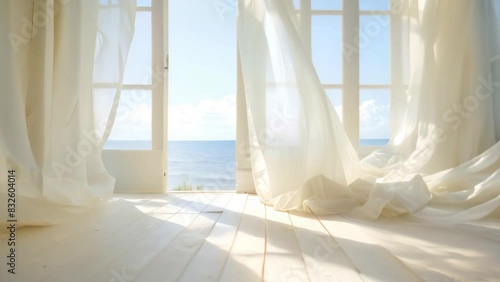 An open window with billowing white curtains, revealing a view of the ocean, A peaceful space with white curtains billowing in the breeze photo