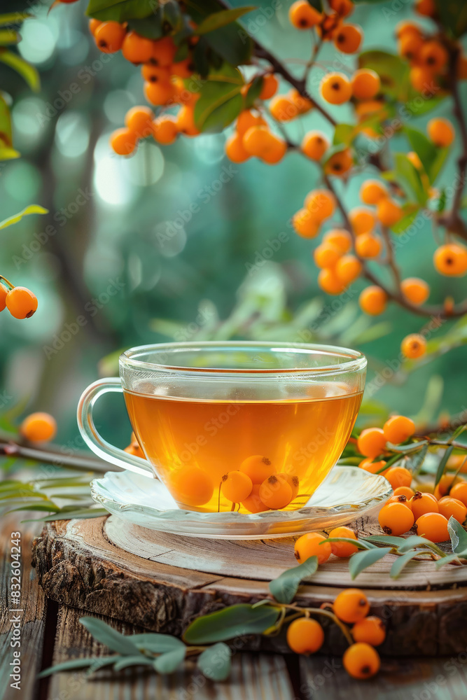 tea with sea buckthorn on the background of nature tea with sea buckthorn on the background of nature