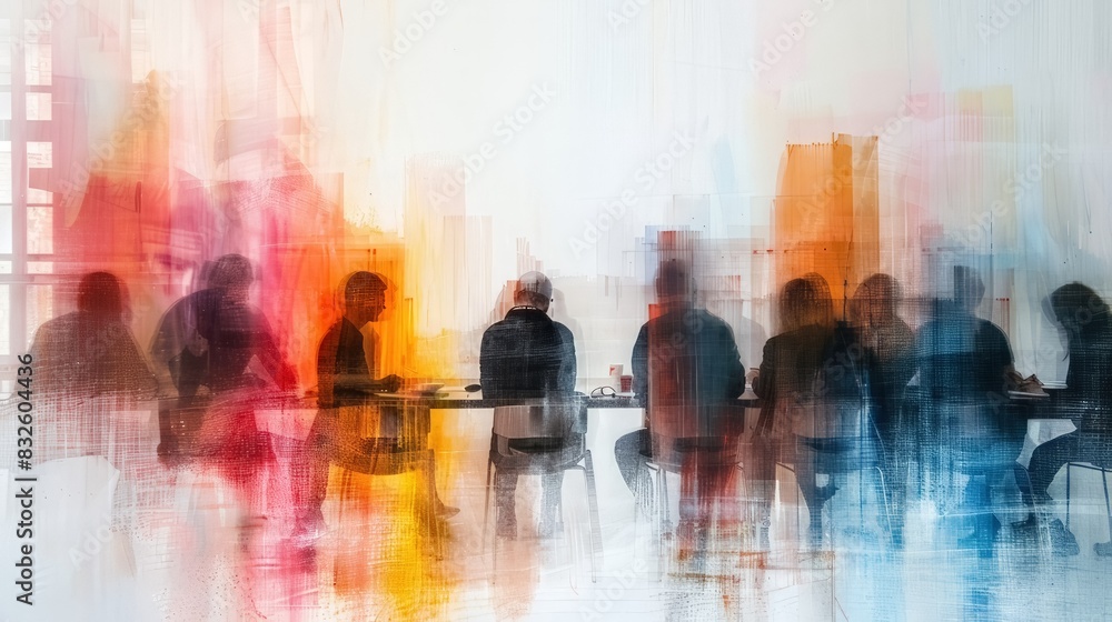 Fototapeta premium Corporate professionals collaborating in their office's conference room, with a sense of motion blur, as they exchange ideas and strategize for their company's business objectives