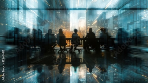 Corporate professionals collaborating in their office's conference room, with a sense of motion blur, as they exchange ideas and strategize for their company's business objectives