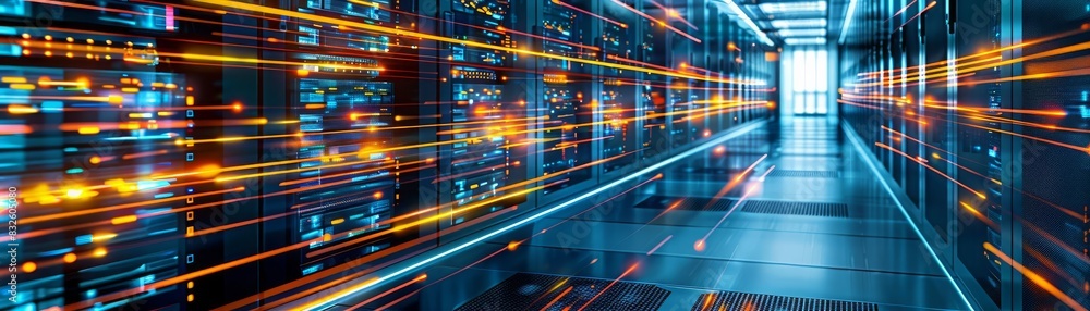Obraz premium Streamlined data operations A data centers interior glowing with trails of data transmission lights, highlighting the efficiency and power of advanced technological systems