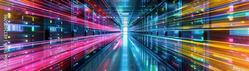 Wallpaper Mural Network and connectivity core A panoramic view inside a bustling data center, with colorful data streams illustrating rapid information exchange and connectivity Torontodigital.ca
