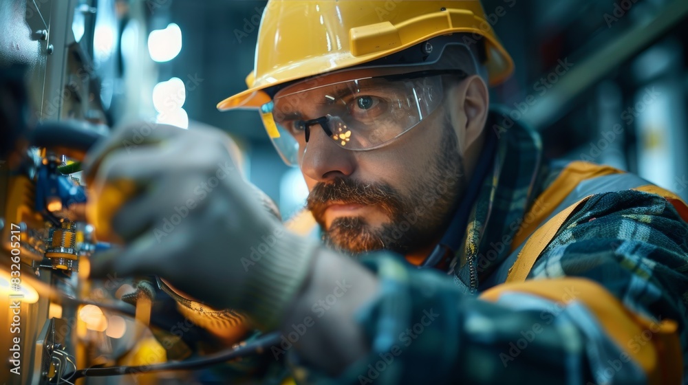 A safety demonstration with a professional wearing protective gear, using insulated tools to work on live electrical equipment, showcasing proper safety practices to prevent accide A safety demonstration with a professional wearing protective gear, using insulated tools to work on live electrical equipment, showcasing proper safety practices to prevent accide