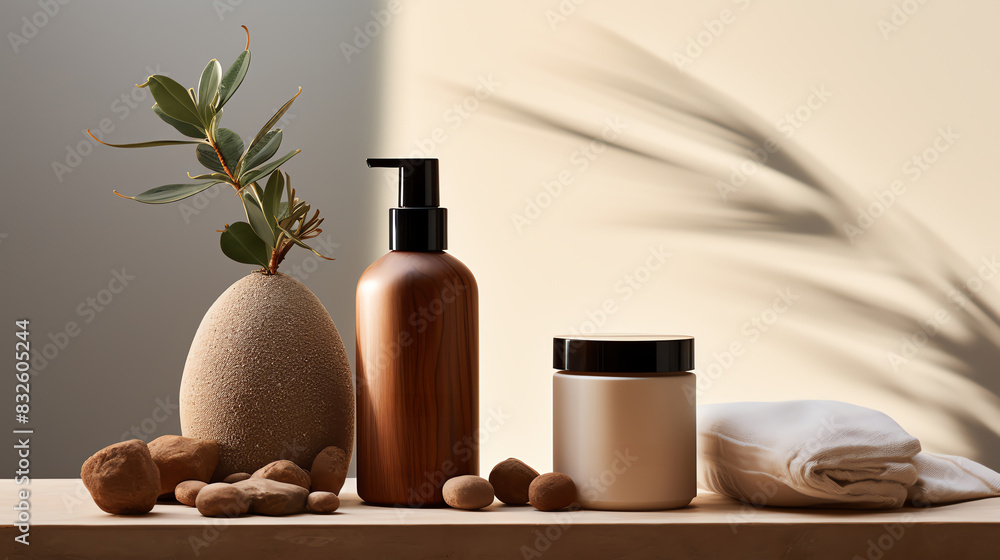 Graphic design of a clean and minimalist product photography setup, showcasing a brown bottle with natural beauty accessories arranged in an aesthetically pleasing manner Graphic design of a clean and minimalist product photography setup, showcasing a brown bottle with natural beauty accessories arranged in an aesthetically pleasing manner