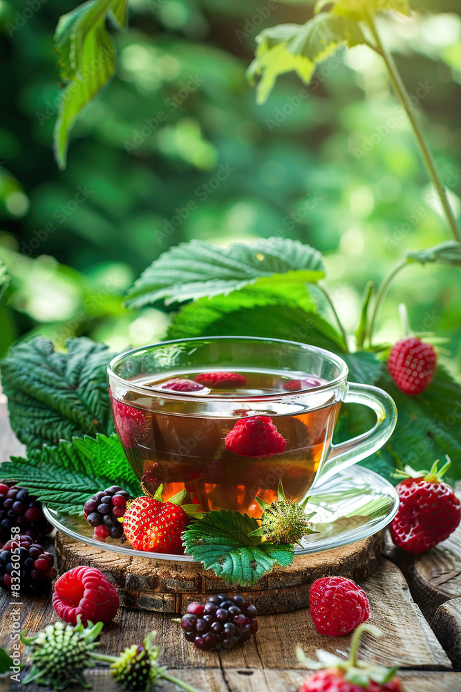 tea with raspberries on the background of nature tea with raspberries on the background of nature