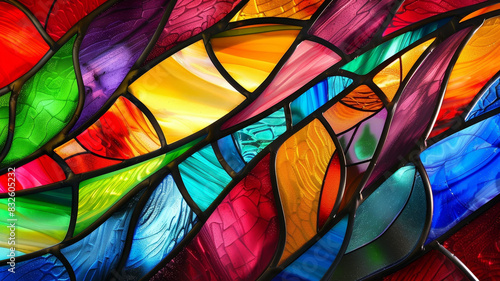 Colorful Abstract Stained Glass Window Illuminating a Spiritual Interior photo