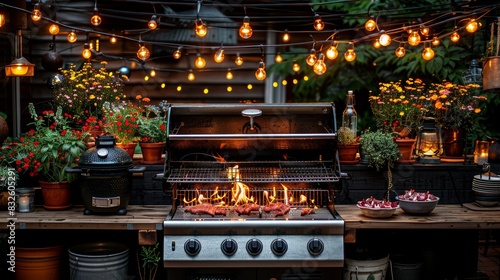 Aerial view of stylish outdoor dining space with gas grill, set table, and floral decor on patio