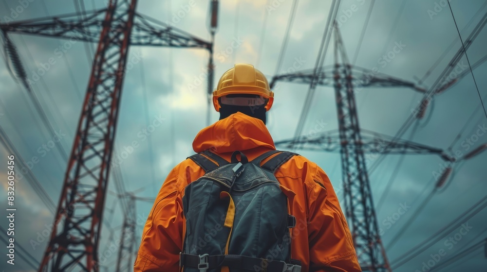 A technician wearing safety gear inspecting a high-voltage power line, highlighting the importance of proper maintenance and safety protocols in high-voltage environments. A technician wearing safety gear inspecting a high-voltage power line, highlighting the importance of proper maintenance and safety protocols in high-voltage environments.