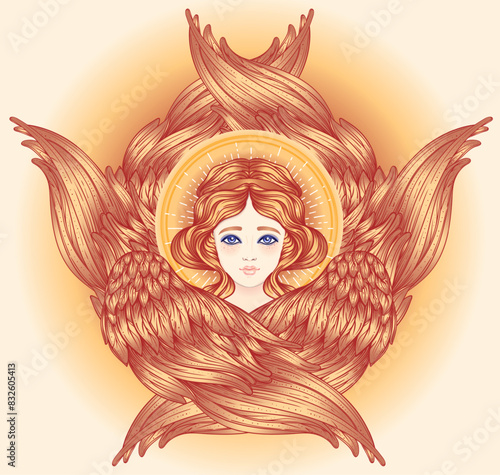 Sirin, Alkonost, Gamayun mythological creature of Russian legends. Angel girl with wings. Isolated hand drawn vector illustration. Trendy Vintage style element. Spirituality, occultism, alchemy, magic photo