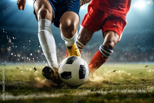 Soccer players dribbling struggling and kicking a ball on a field