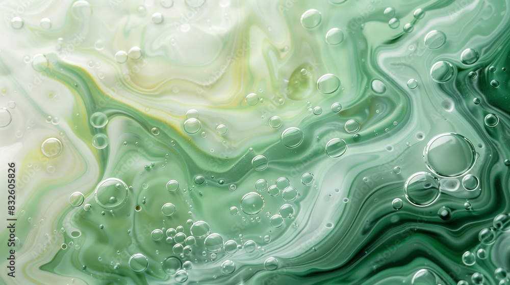 Swirling green and white fluid, resembling the texture of abstract painting, with bubbles floating in it. Swirling green and white fluid, resembling the texture of abstract painting, with bubbles floating in it.