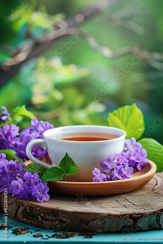 tea with violet leaves on the background of nature