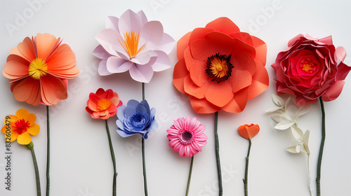 paper flowers, 6 different type of flowers, separated from each other, palin white background --ar 16:9 Job ID: 8bc5226c-64a7-4e0e-96f4-9f7011c3ca3e photo