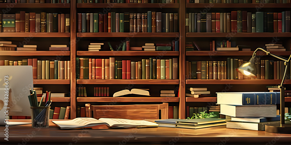 Close-up of a librarian's desk with cataloging tools and library books, symbolizing a job in library science Close-up of a librarian's desk with cataloging tools and library books, symbolizing a job in library science