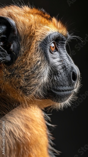 Detailed view of a Northern Muriqui monkey against a deep black backdrop photo
