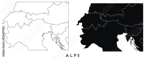 Alps map of city regions districts vector black on white and outline
