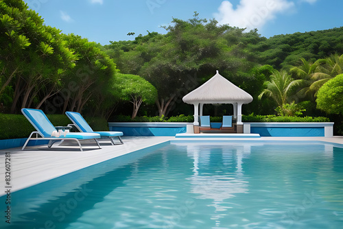 stand blue background Summer tropical product luxury placement design Stone water podium splay pool poduim dais poolside platform aesthetic sea display