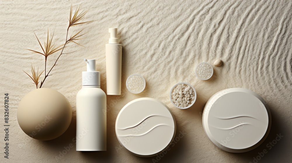 Graphic pattern design for a product mockup, showcasing an assortment of white cosmetic bottles and accessories on a silky, neutral background to highlight their elegance Graphic pattern design for a product mockup, showcasing an assortment of white cosmetic bottles and accessories on a silky, neutral background to highlight their elegance