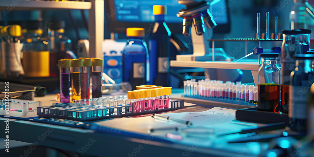 Close-up of a biotechnologist's desk with lab equipment and genetic samples, representing a job in biotechnology Close-up of a biotechnologist's desk with lab equipment and genetic samples, representing a job in biotechnology