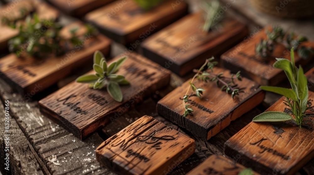 Small wooden plaques with herb names burned into the surface Small wooden plaques with herb names burned into the surface