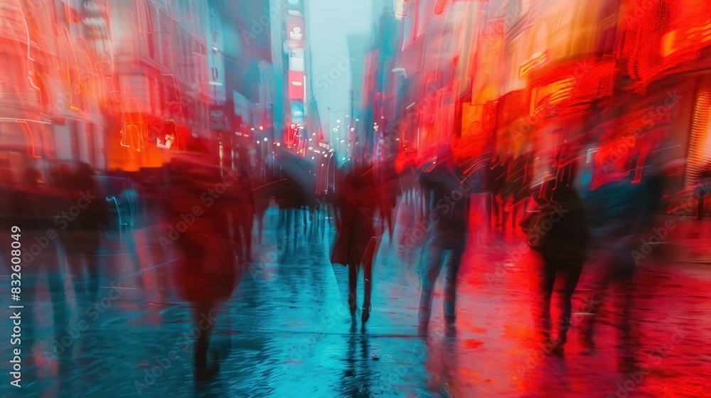 Dynamic Motion Blur. Blurred People Walking on city streets 
