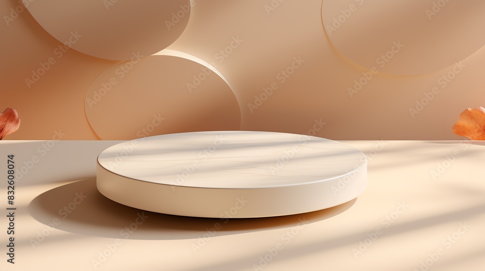 Graphic pattern design for a contemporary product mockup, showcasing a white circular platform against a beige backdrop with subtle shadows Graphic pattern design for a contemporary product mockup, showcasing a white circular platform against a beige backdrop with subtle shadows